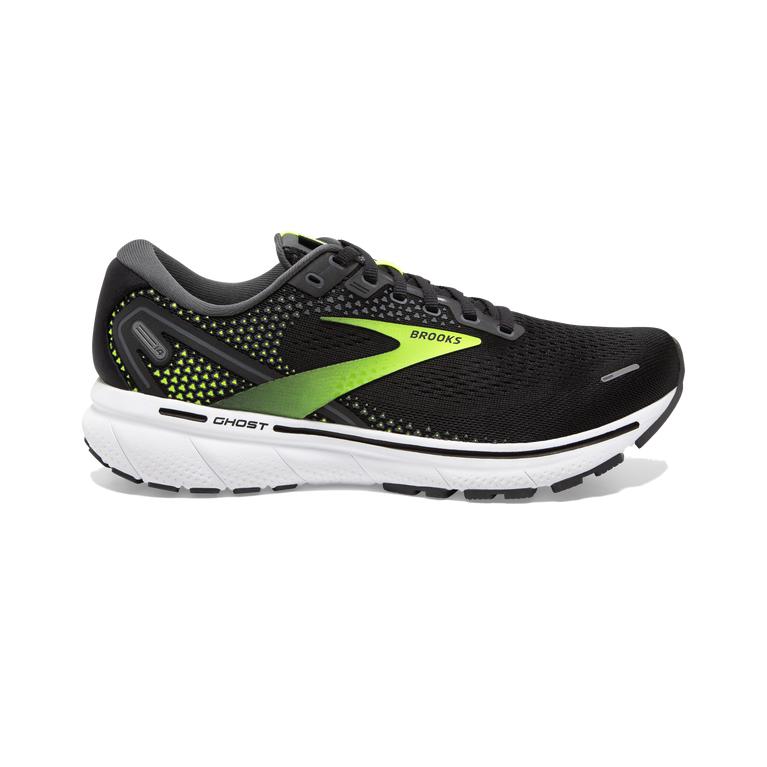 Brooks Ghost 14 Cushioned Road Running Shoes - Men's - Black/Pearl/Nightlife/Green Yellow (62870-XNP